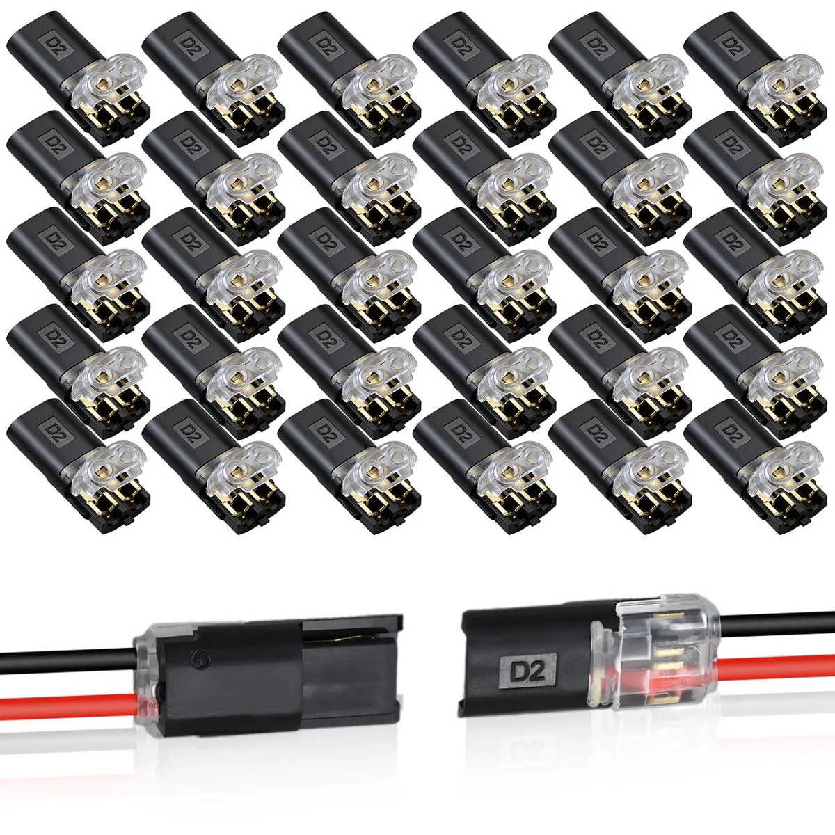 Black plastic two-pin wire connectors with flip-up levers, thirty pieces