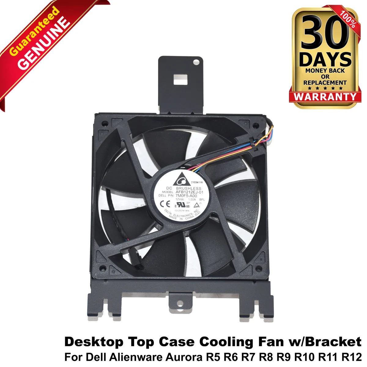 Square black plastic fan with metal bracket, four-pin connector visible, compact desktop cooling unit