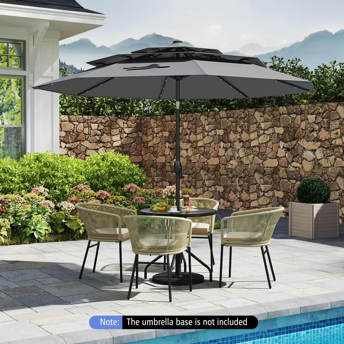 Grey 10 ft solar patio umbrella with 32 LED lights and 3-tier vented canopy
