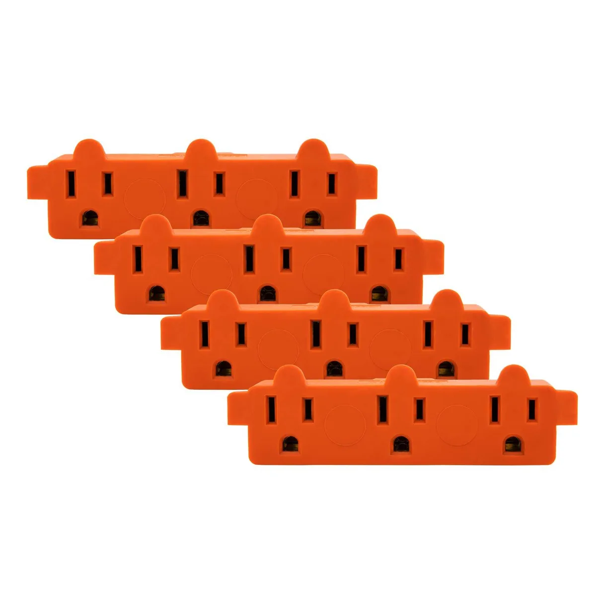 Four orange three-outlet grounded adapters in a pack