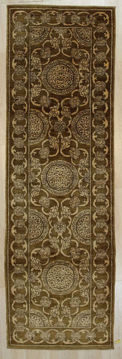 Handmade brown wool rug with all-over Turkish knot pattern