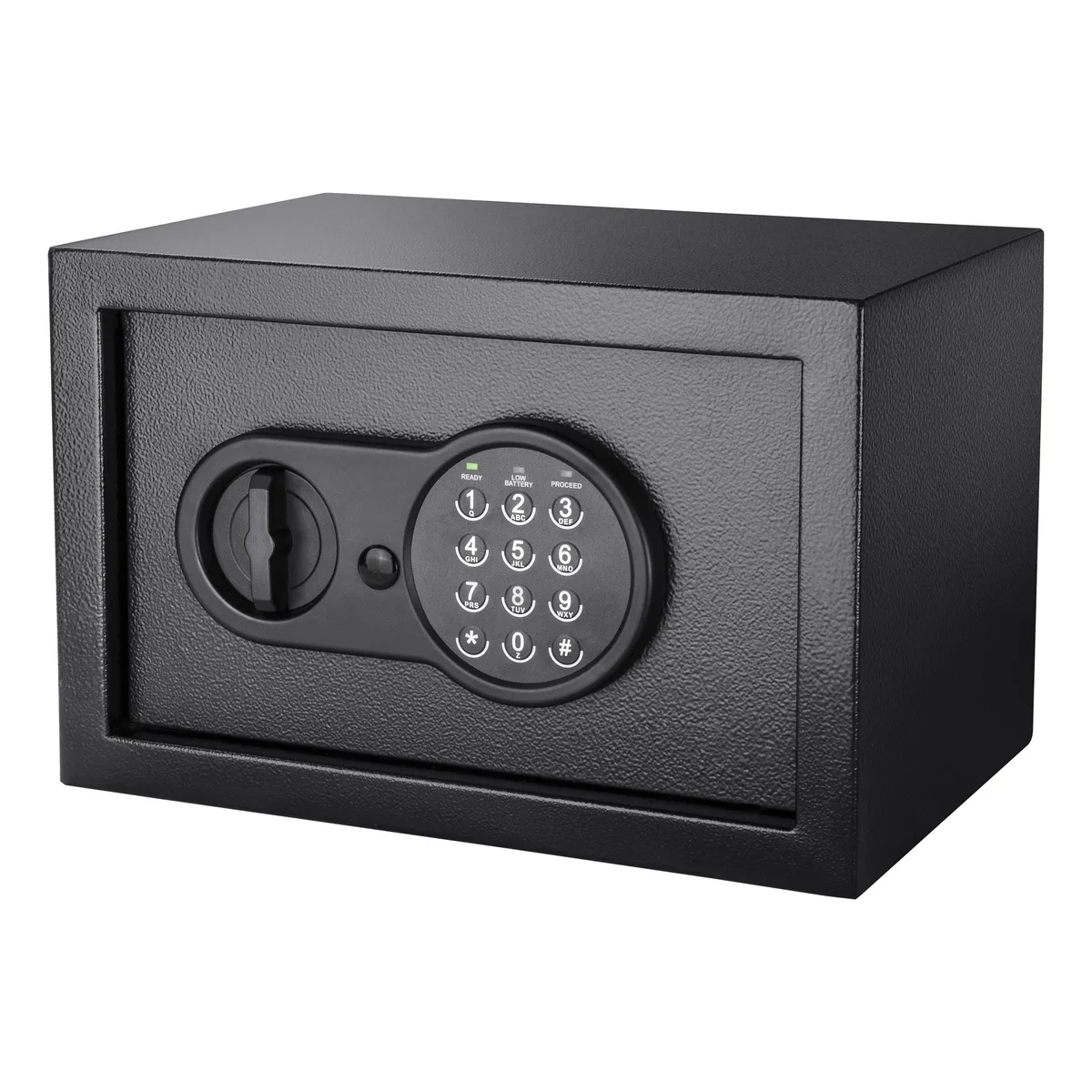 Rectangular black steel safe with textured finish and digital keypad