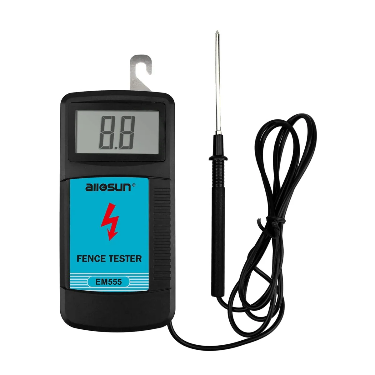 Blue digital fence tester with 57in probe wire and LCD display