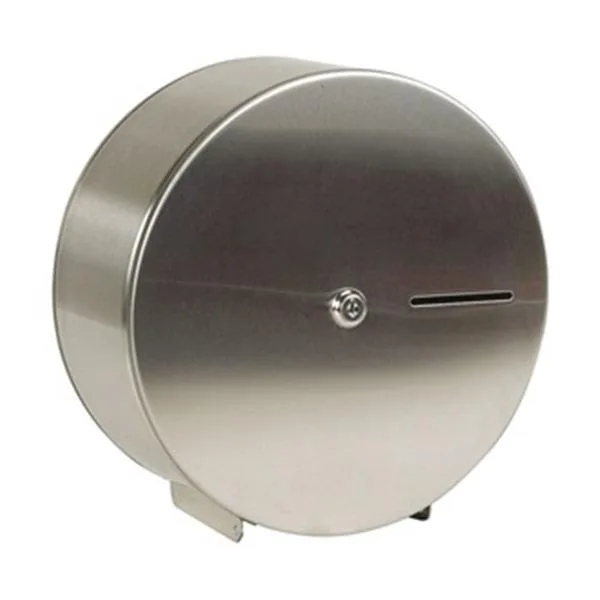 Wall-mounted steel toilet paper holder with satin silver finish, horizontal single roll design