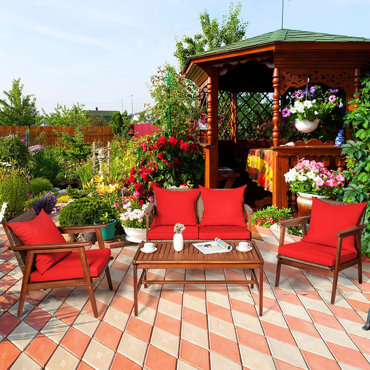 Costway Costway 4PCS Patio Rattan Furniture Set Acacia Wood Frame Cushioned Red — product photo
