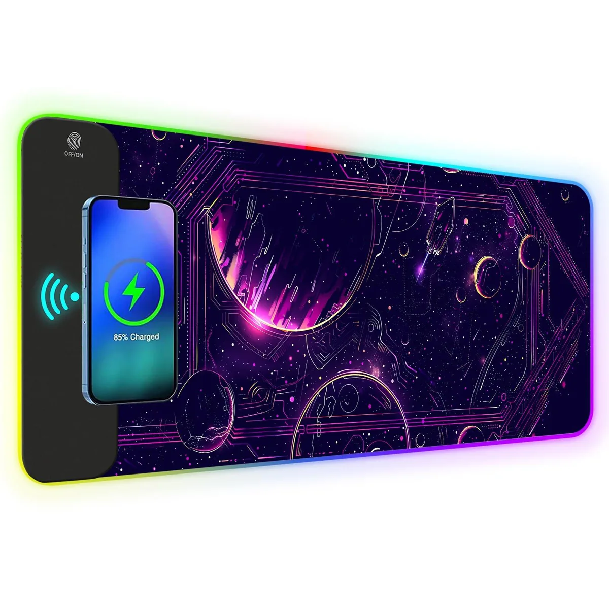 KEHIPI KEHIPI RGB Wireless Charging Mouse Pad Large Purple Planet 15W Qi 10 Modes 31.5x11.81in — product photo