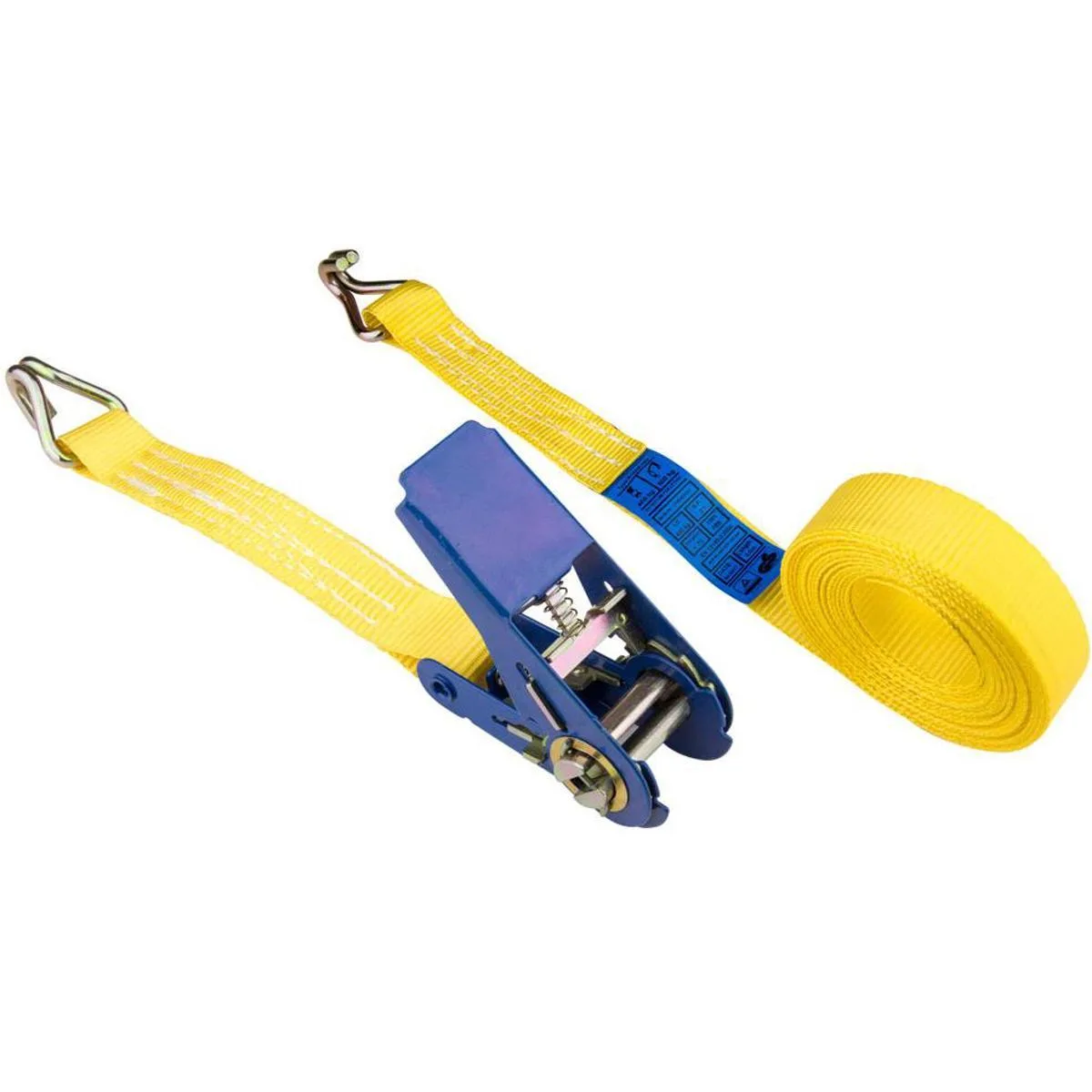 Yellow 25mm wide ratchet strap with metal hooks coiled on white surface
