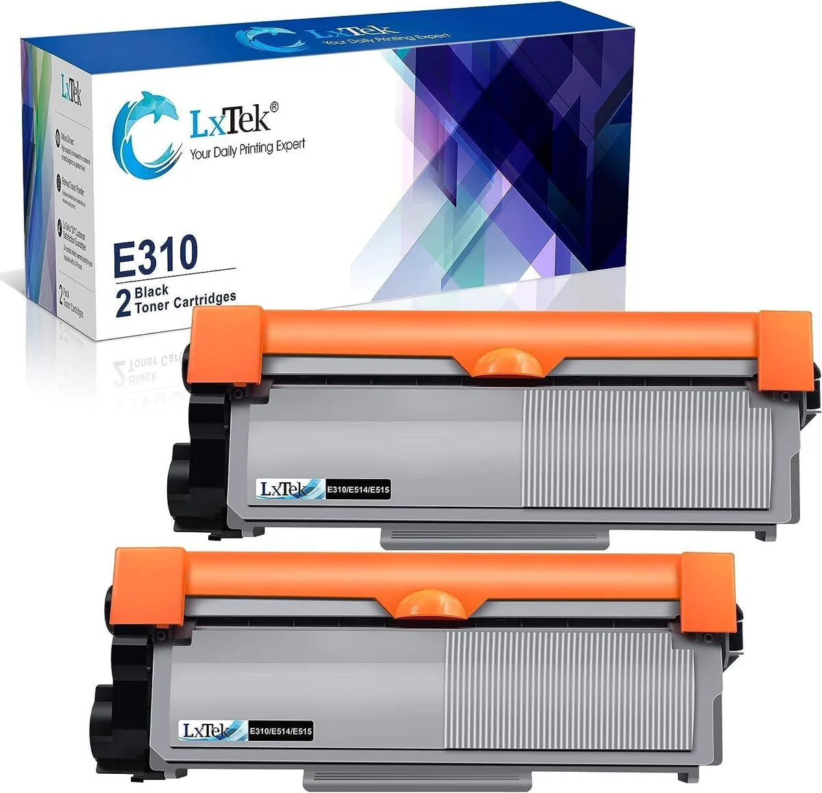 Two rectangular black toner cartridges side by side in sealed packaging