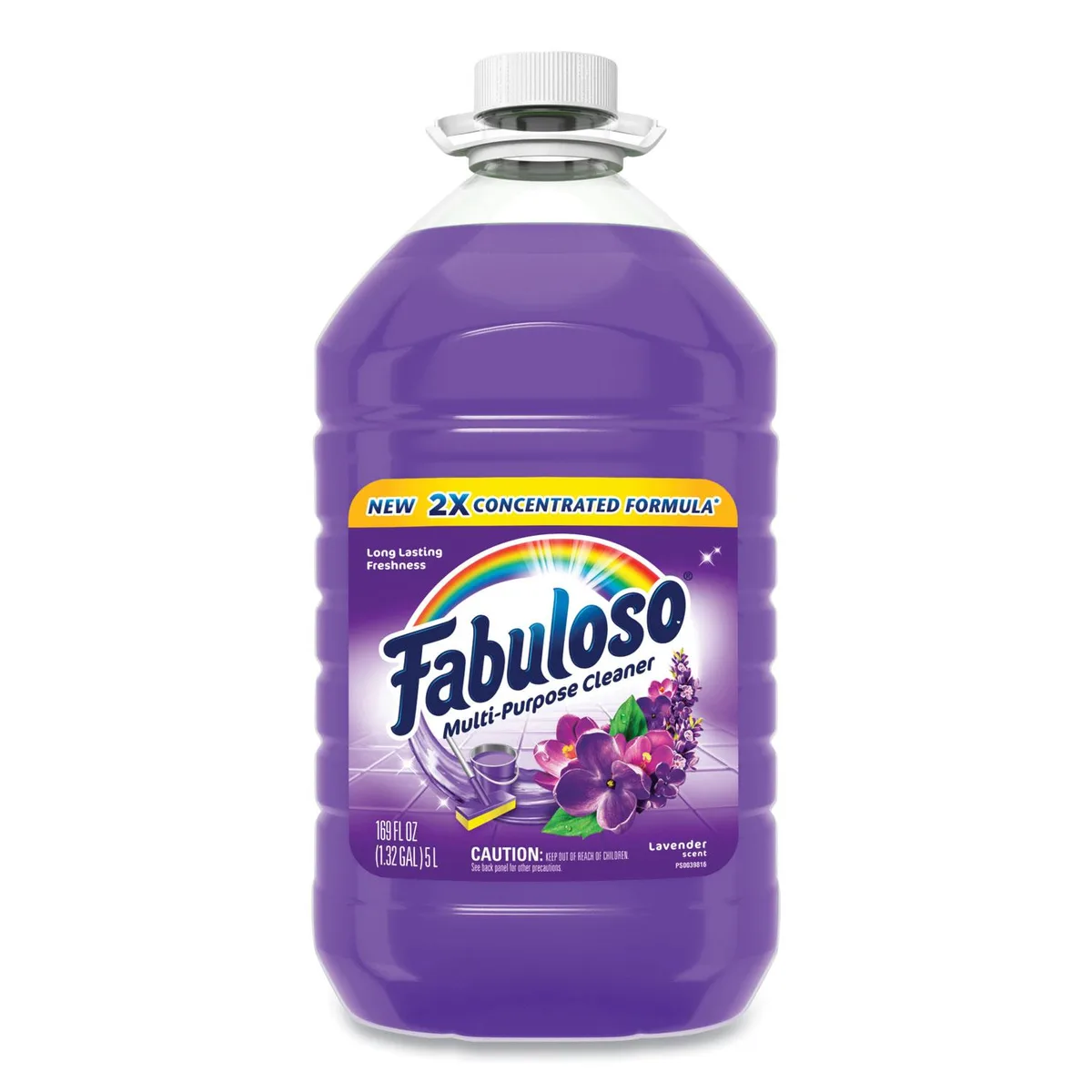 Large white plastic bottle with purple label and lavender scent branding, 169 oz multi-use cleaner concentrate