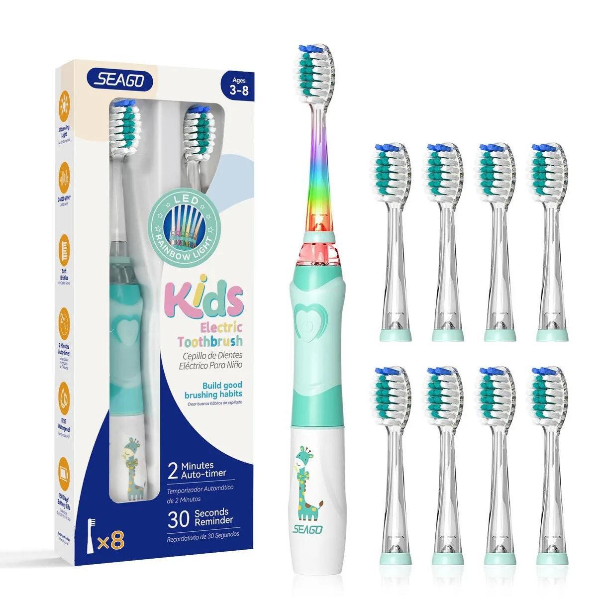 Green electric toothbrush with eight replacement heads and LED light