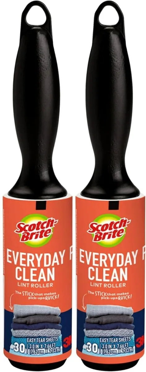 Two compact lint rollers in a pack, each with 30 adhesive sheets for clothes and car interiors