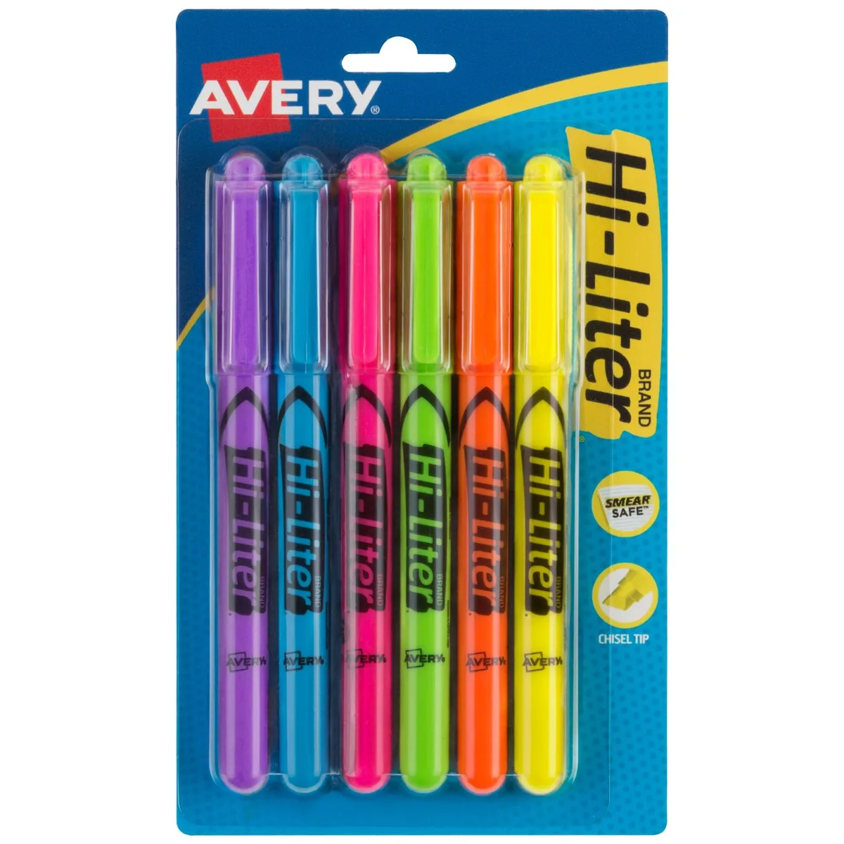 Six pen-style highlighters in fluorescent colours with chisel tips and pocket clips