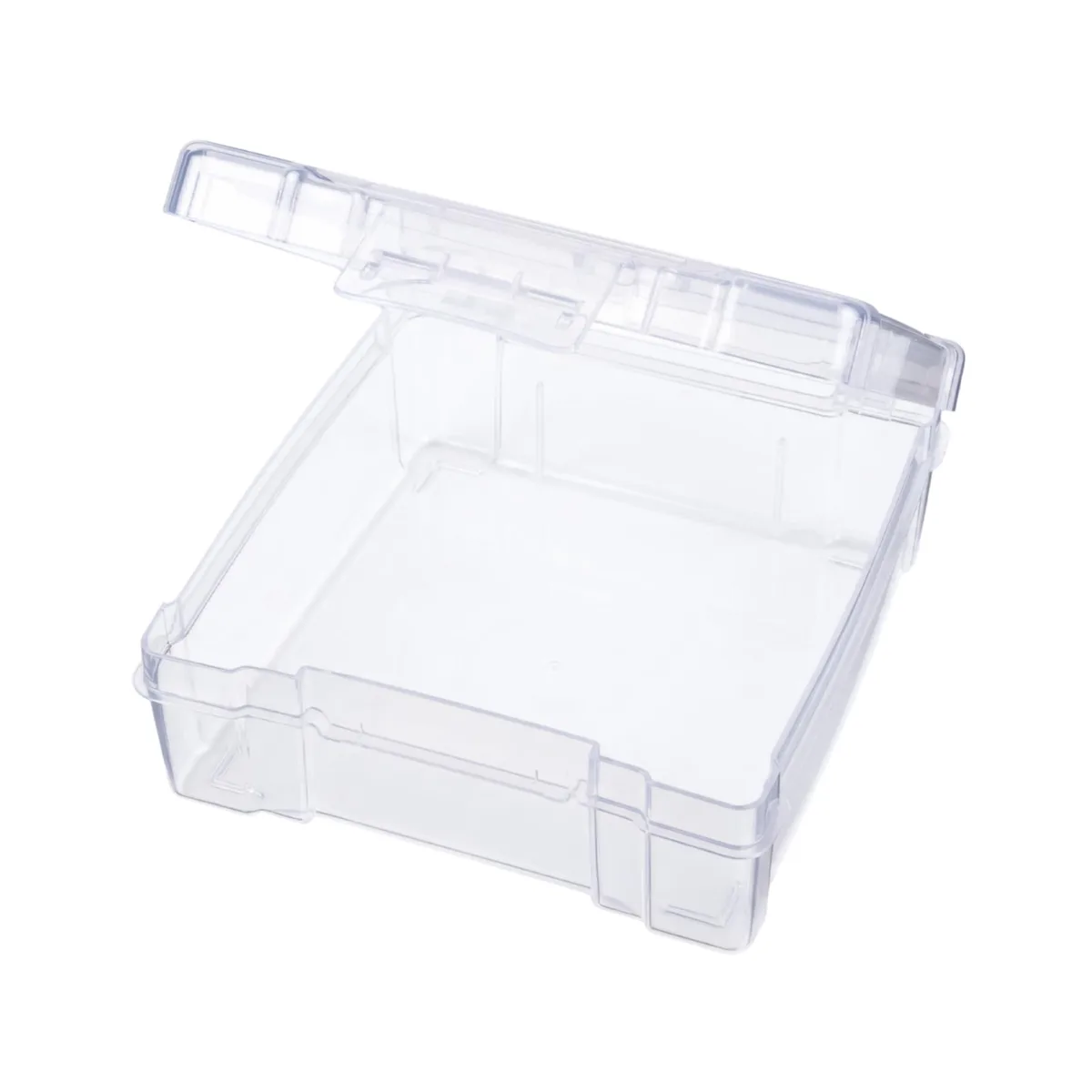 Clear plastic square box with hinged lid, low profile, stackable design