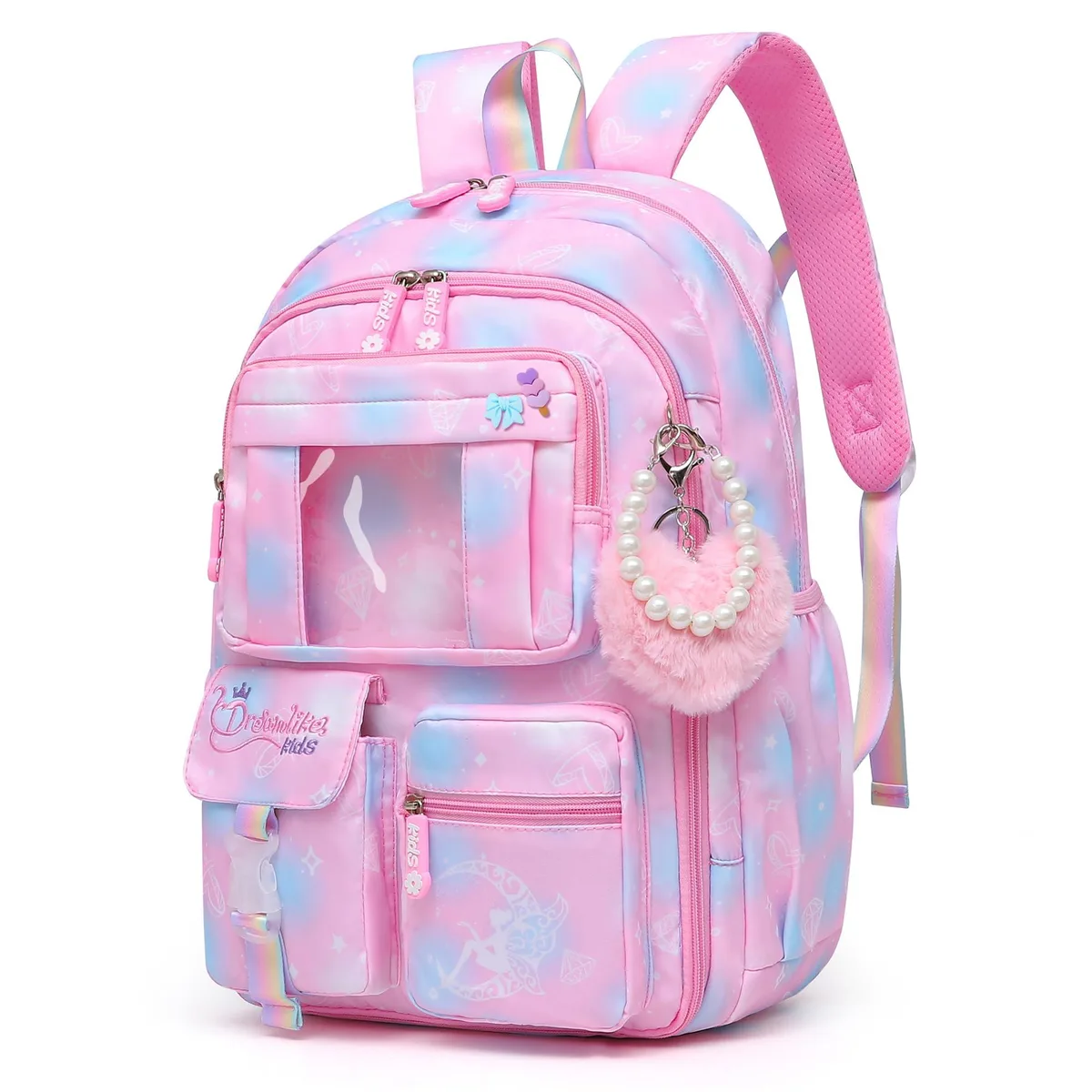Pink cartoon laptop backpack with padded straps and reflective details