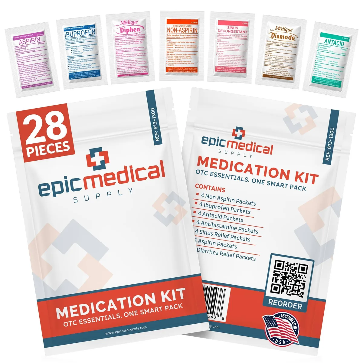 Compact white box containing 28 labelled medication packets