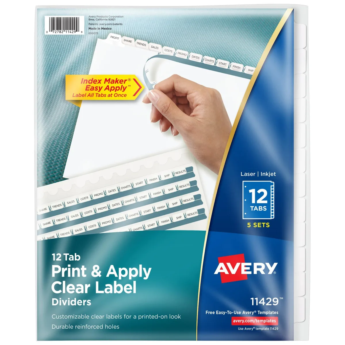 White paper binder dividers with twelve tabs in five sets