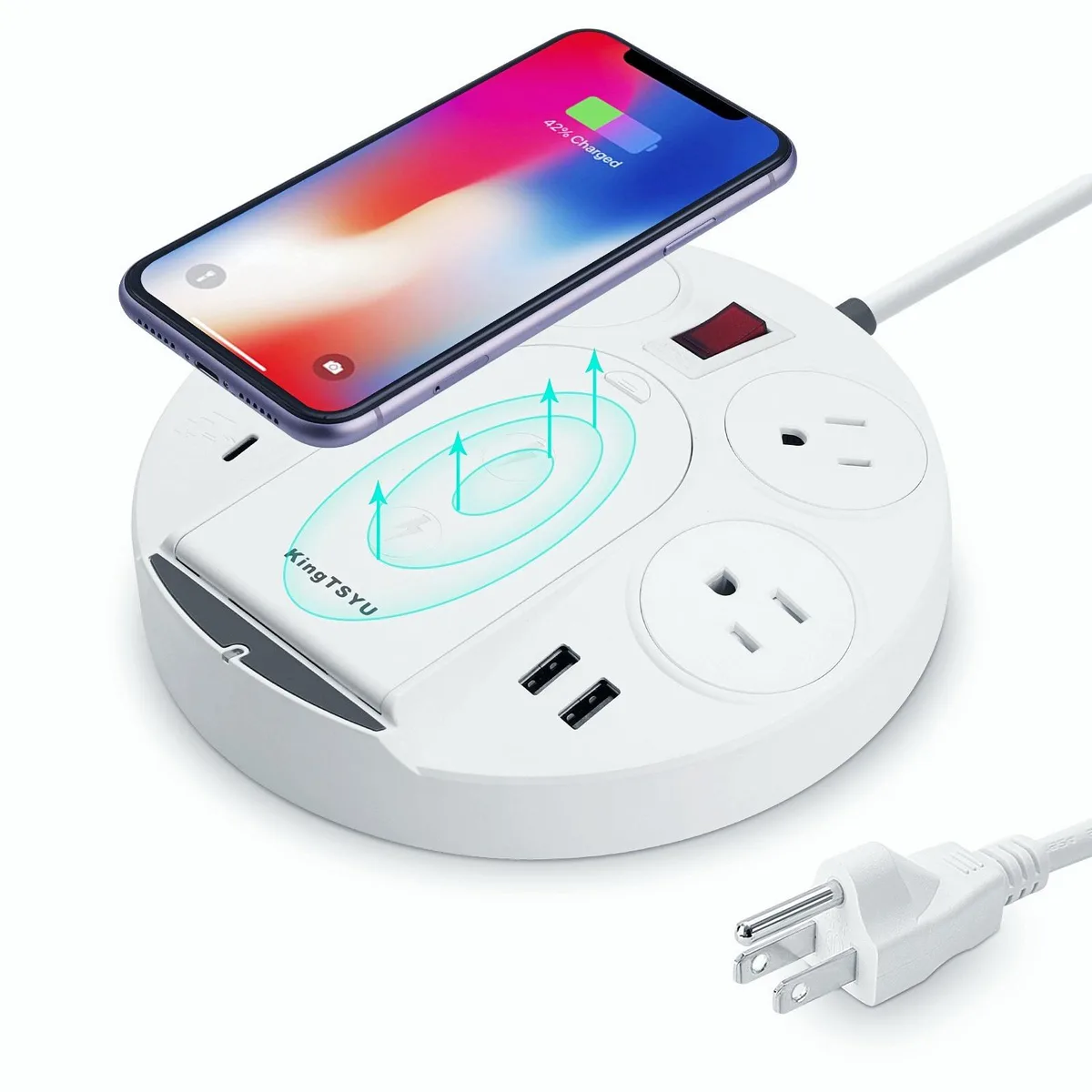 White tower power strip with wireless charging pad, USB-C port, two USB ports and four AC outlets