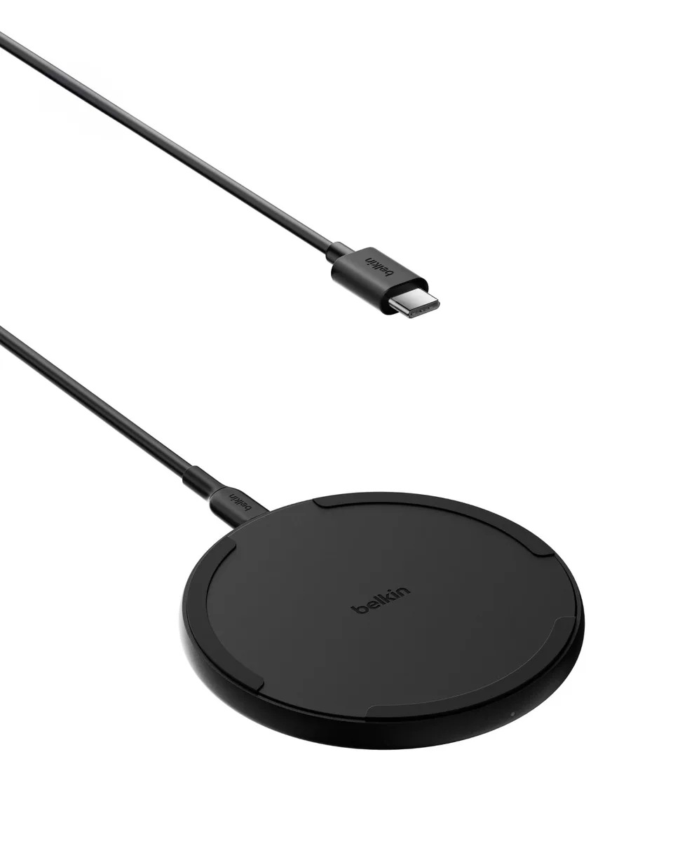Flat black wireless charging pad with five foot USB C cable