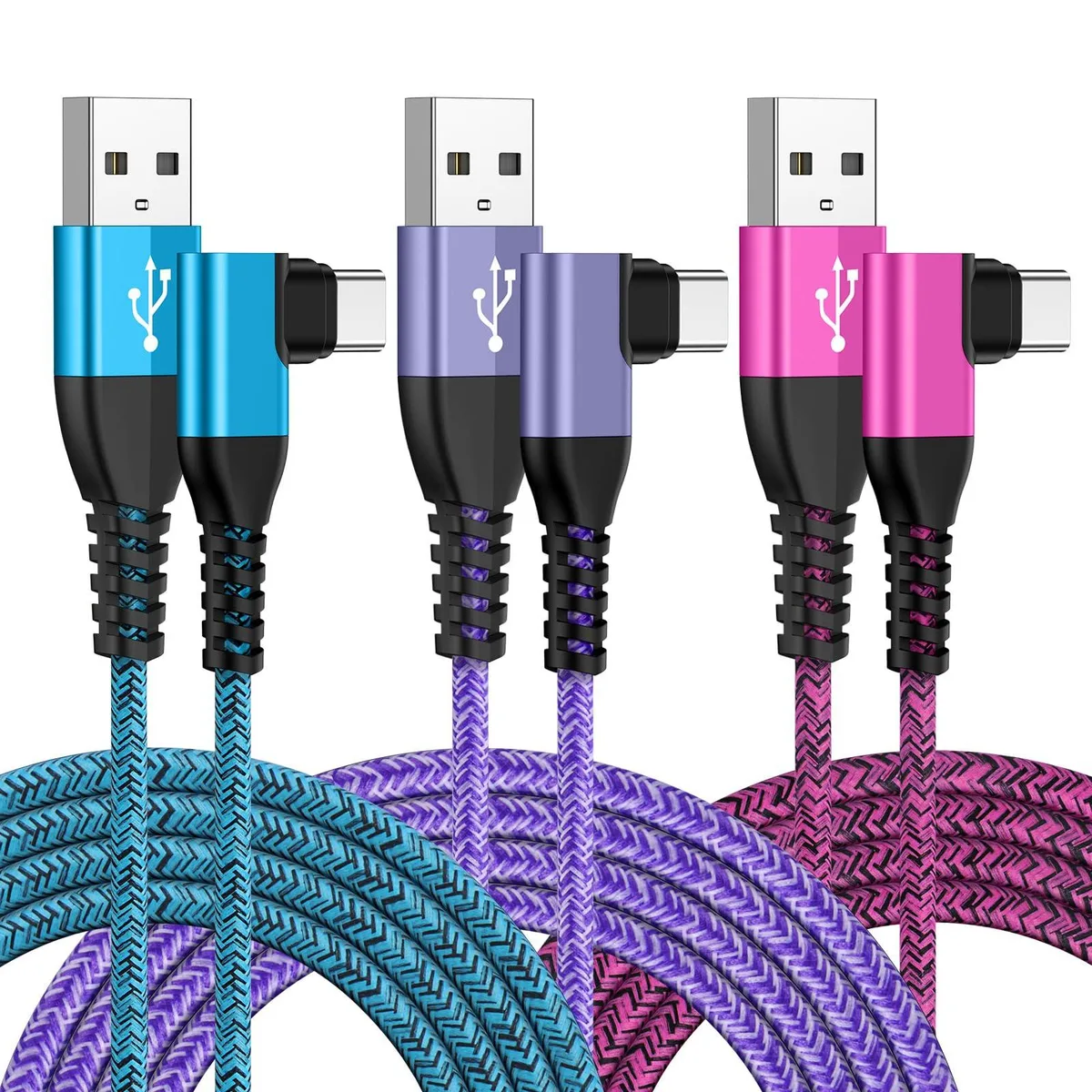 Three blue right-angle USB-C cables coiled together