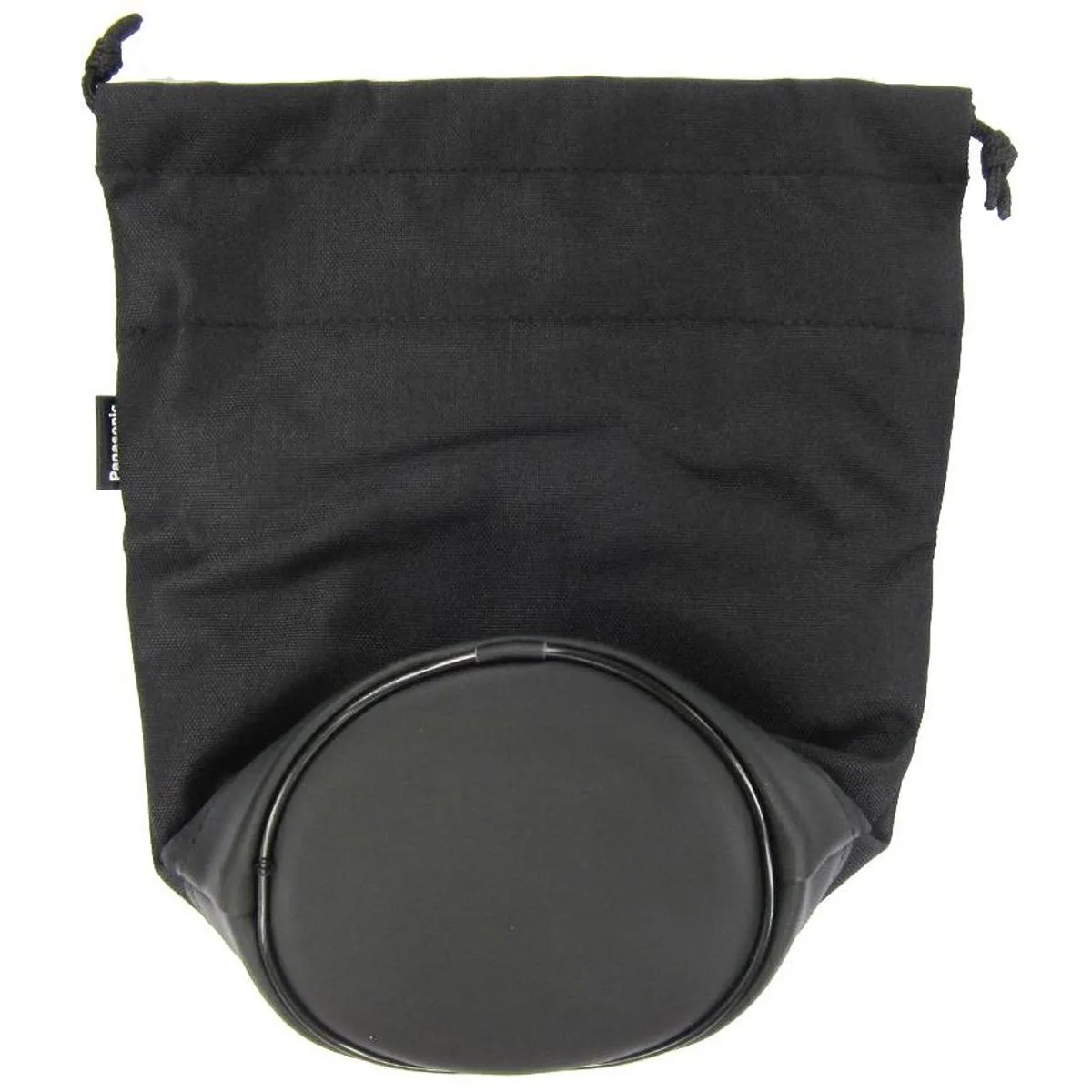 Black nylon lens pouch with leather accents and drawstring closure