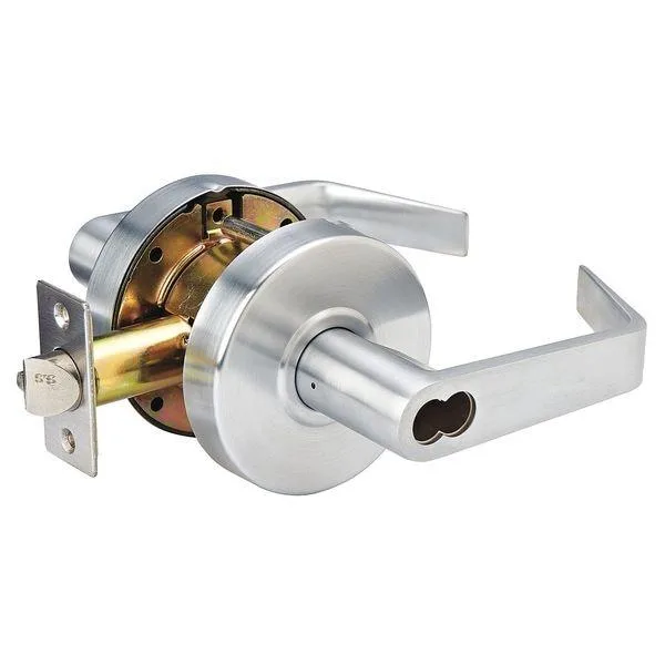 Satin-chrome lever lockset with angled handle