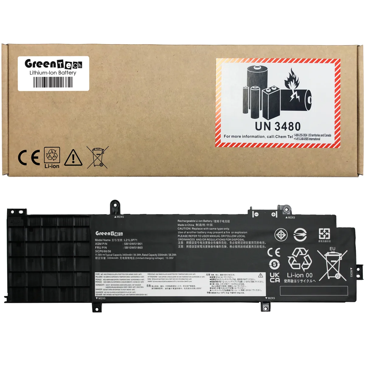 GreenTechLLC GreenTechLLC L21L3P71 laptop battery 39.3Wh 11.58V 3400mAh 3-cell black for ThinkPad P14s Gen 3 4 T14 Gen 3 4 — product photo