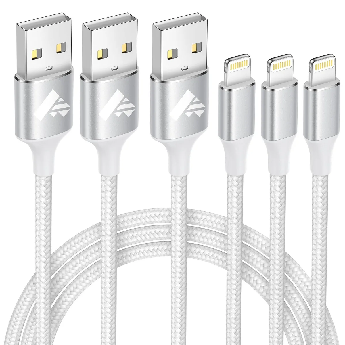 Three white nylon-braided Lightning cables with USB-A plugs, each three feet long