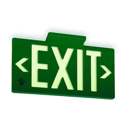 Photoluminescent exit sign with double arrows on white plastic rectangle