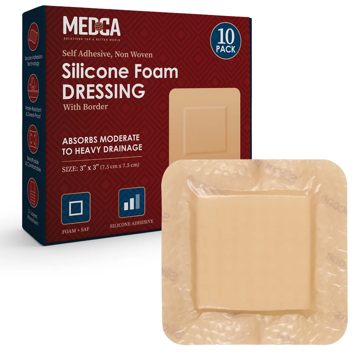 Pack of ten square white silicone foam dressings with adhesive border