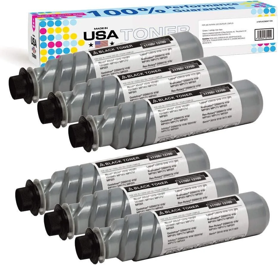 MADE IN USA TONER MADE IN USA TONER Compatible Black Toner Cartridge 6 Pack for Ricoh Aficio MP 1515 MP161 MP171 MP201 1170D — product photo