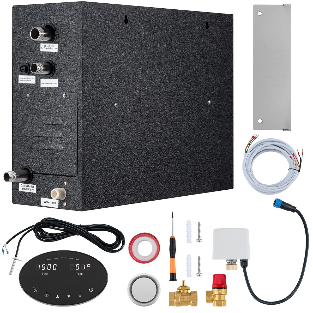 Rectangular steel box with stainless steel interior, wall-mounted controller and steam nozzle