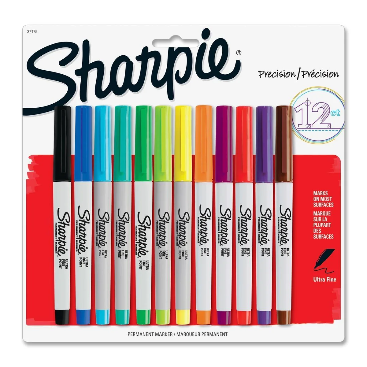 Carded pack of twelve Sharpie ultra-fine permanent markers in assorted colours