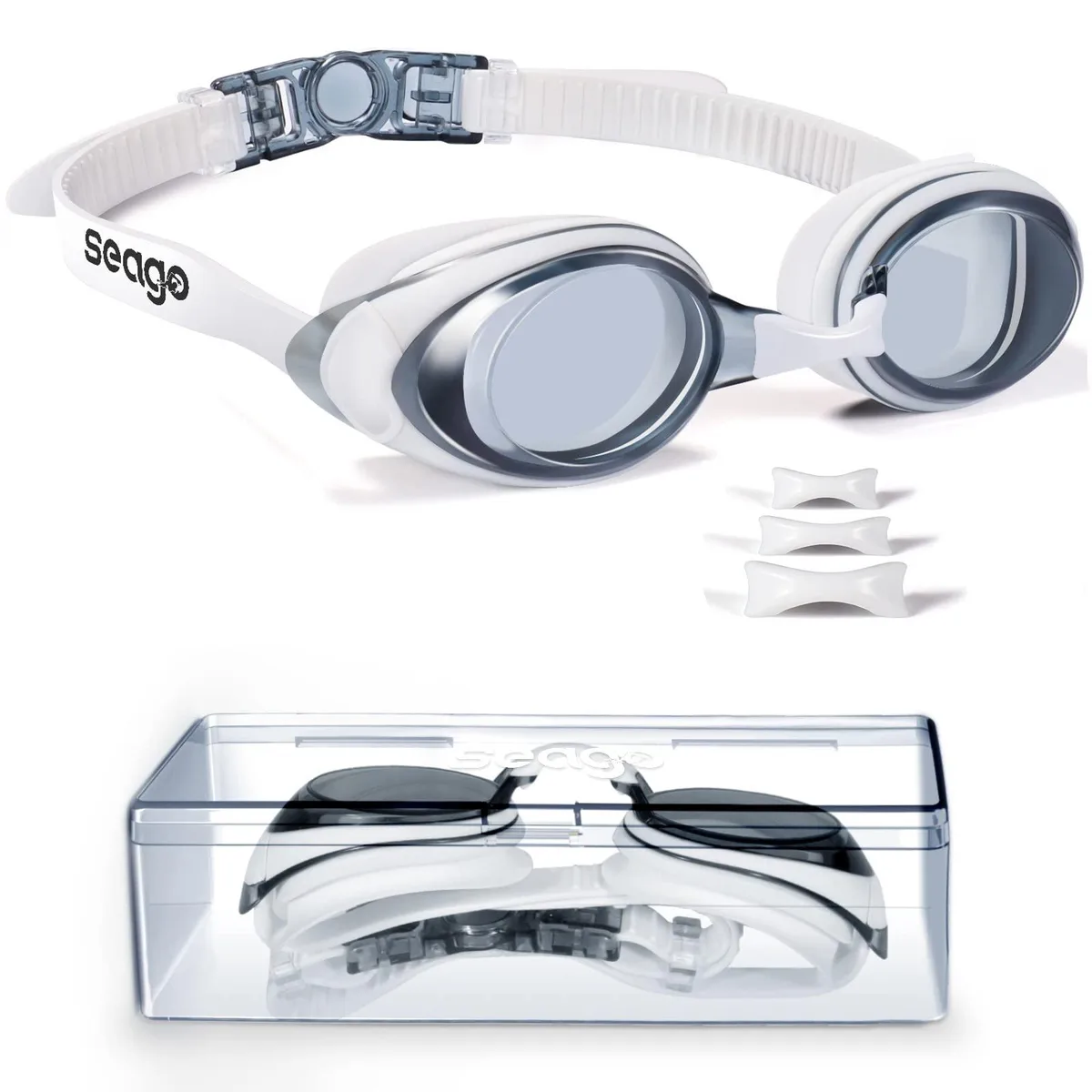  Seago Shortsighted Swimming Goggles -4.0 Diopter Clear 3 Nose Pieces — product photo