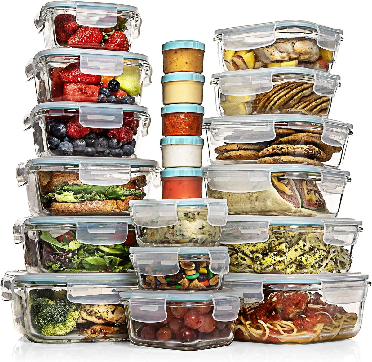 Red 35-piece glass food storage set with blue lids, rectangular and square containers, plus small round dip pots