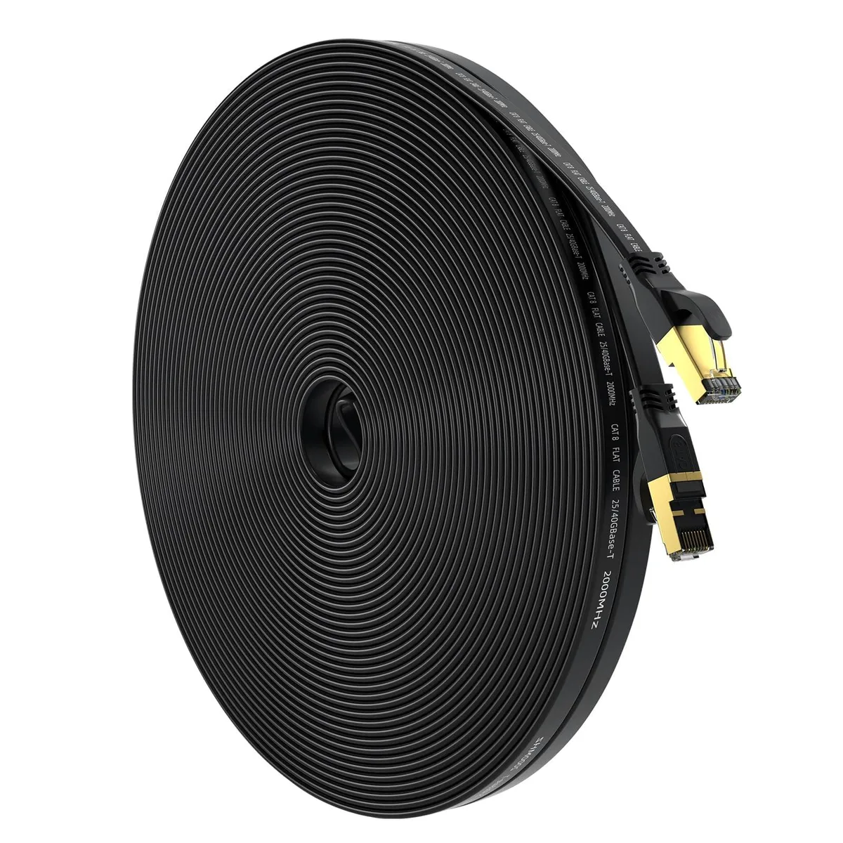 Black flat Cat 8 Ethernet cable with gold RJ45 connectors, 50 ft length