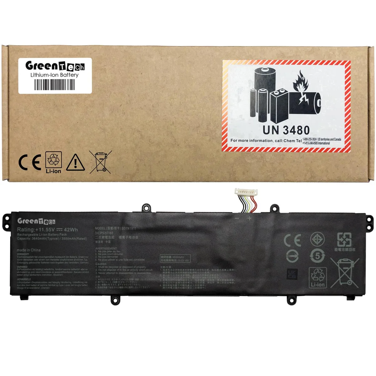 GreenTechLLC GreenTechLLC B31N1911 C31N1911 laptop battery 11.55V 42Wh 3-cell — product photo