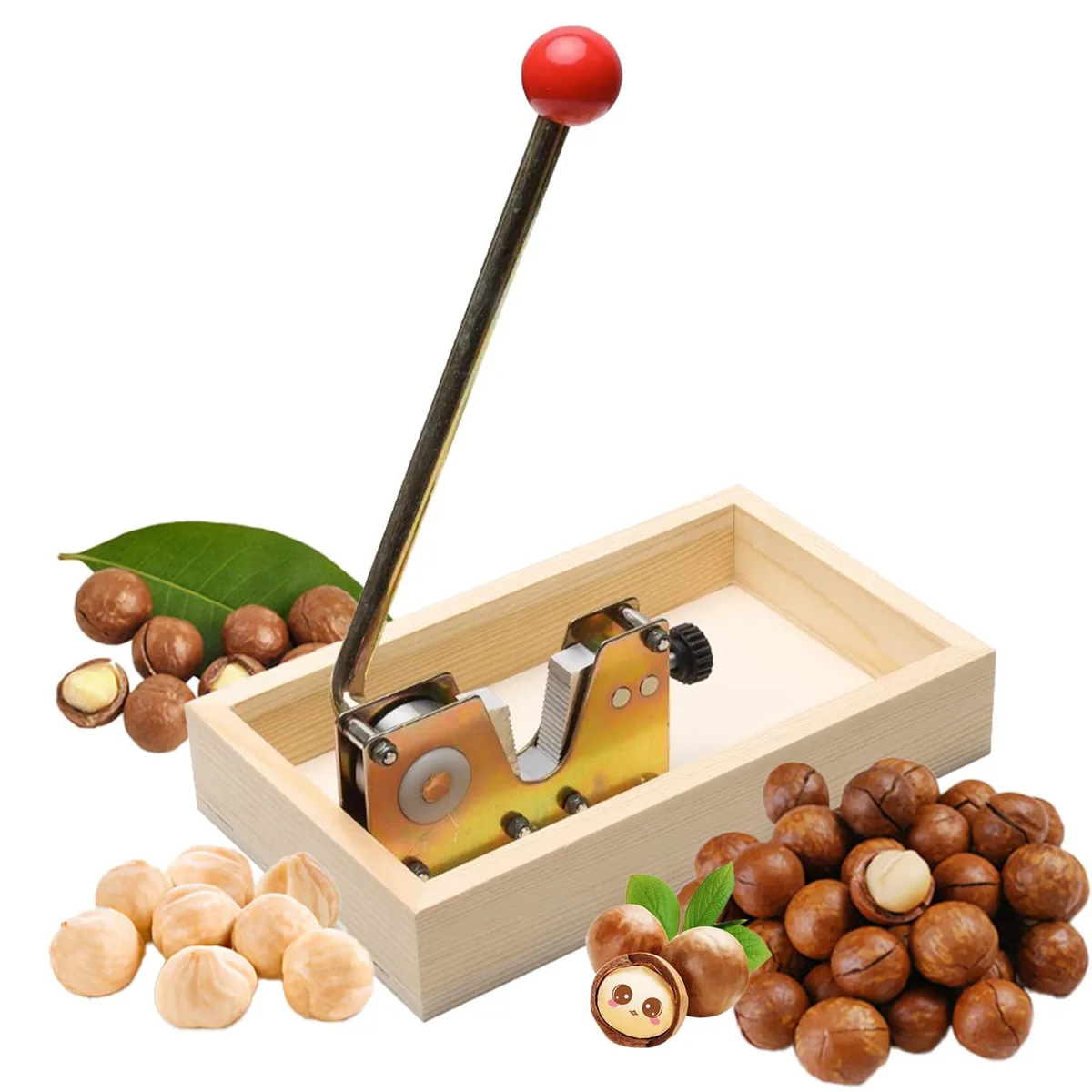 Manual nut cracker with wooden base and metal lever handle