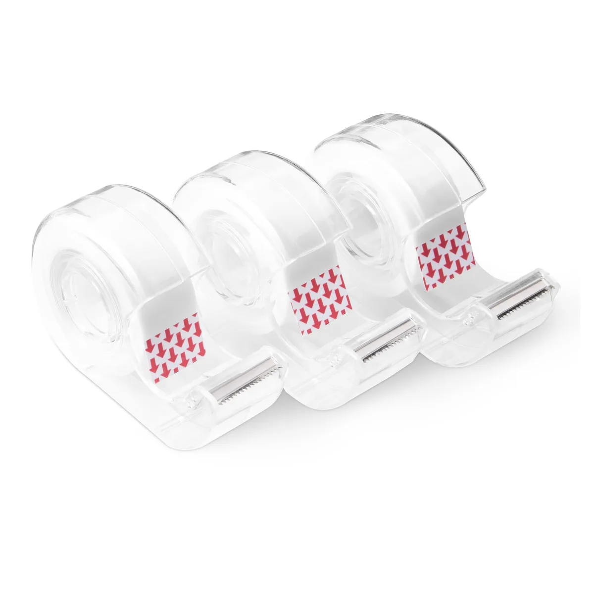 Three translucent tape rolls with dispensers in a pack