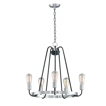 Five-light chandelier with descending arms and removable metal band in black and satin nickel