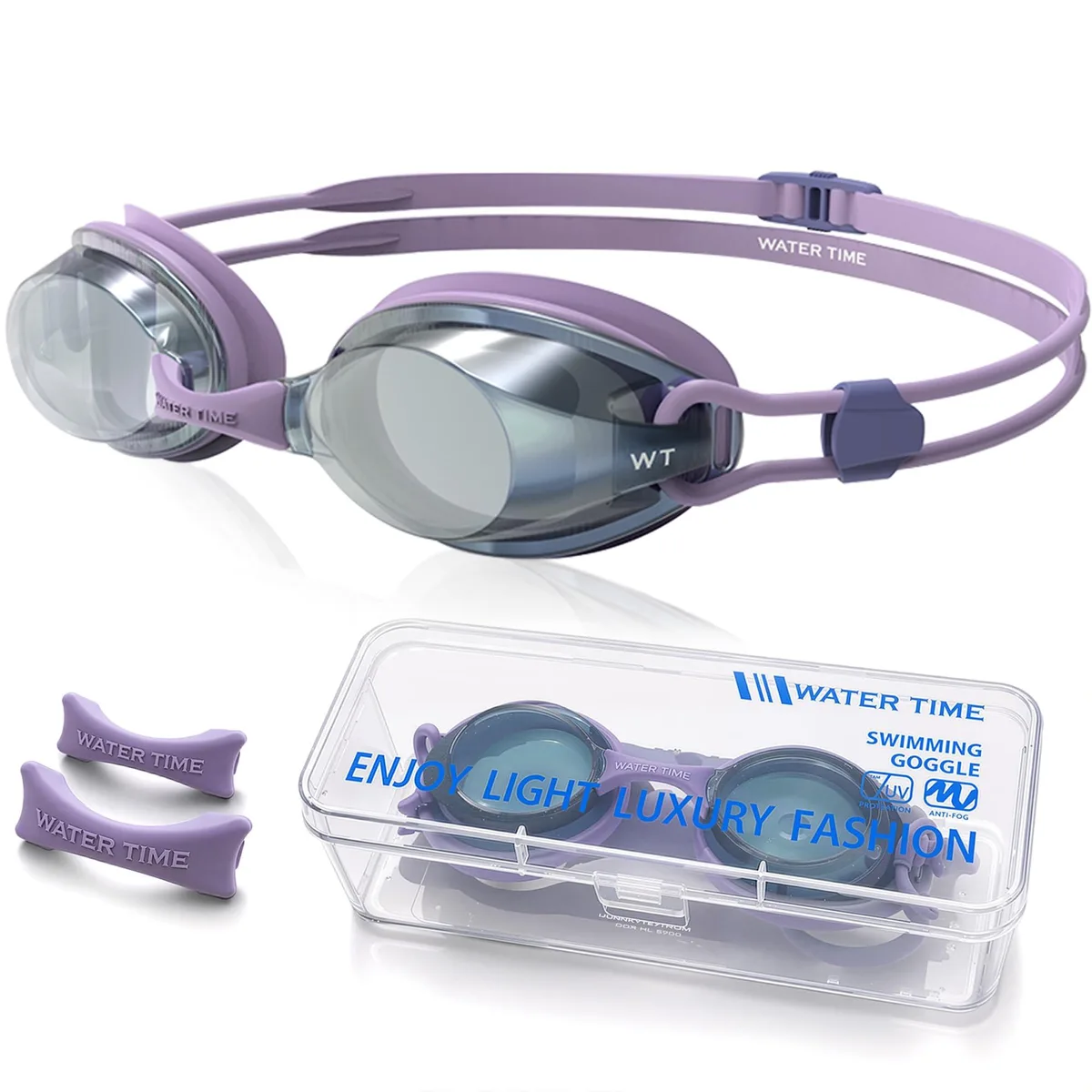 Lavender purple swim goggles with mirrored lenses and adjustable strap
