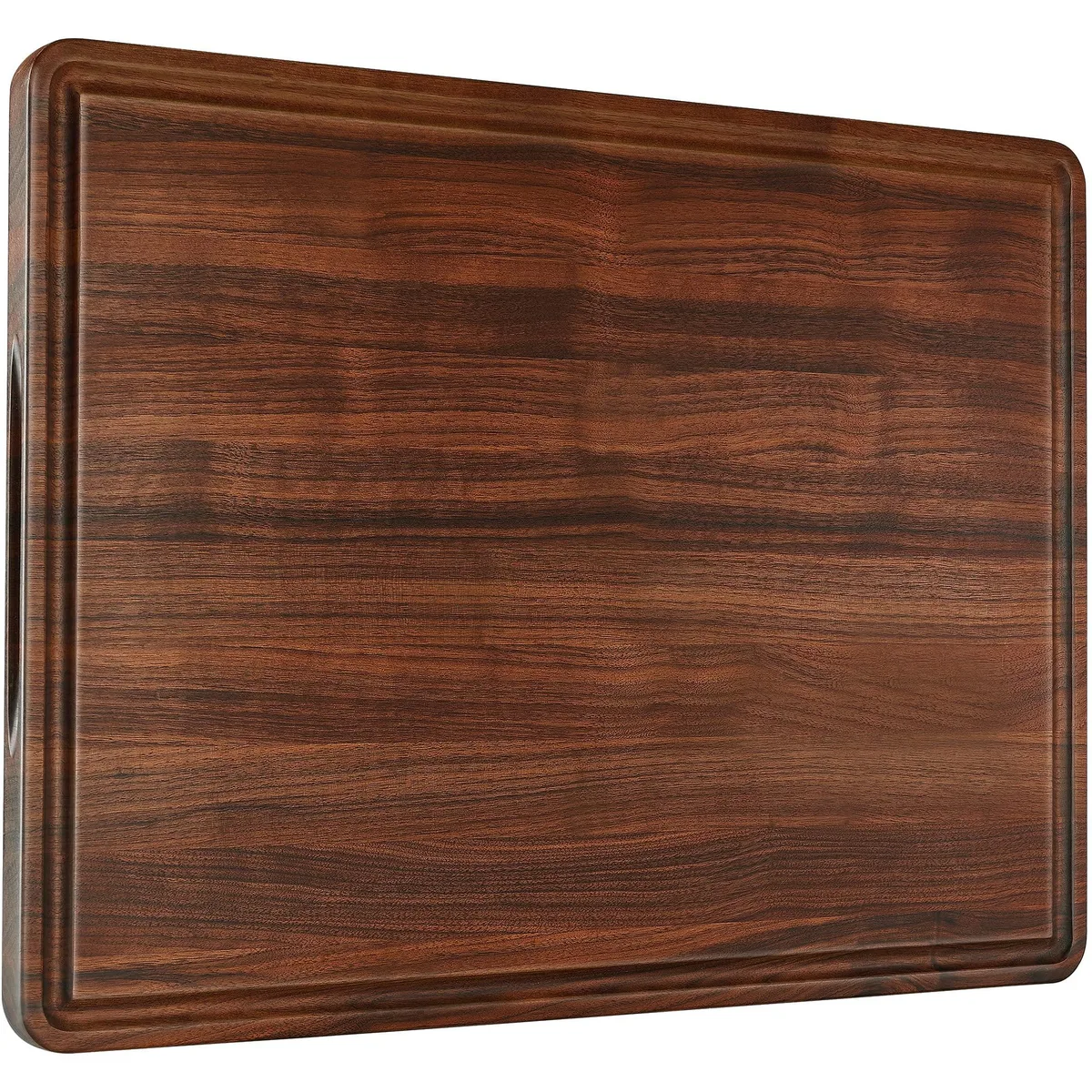 Large rectangular walnut cutting board with juice groove, built-in handles and non-slip mats in gift box
