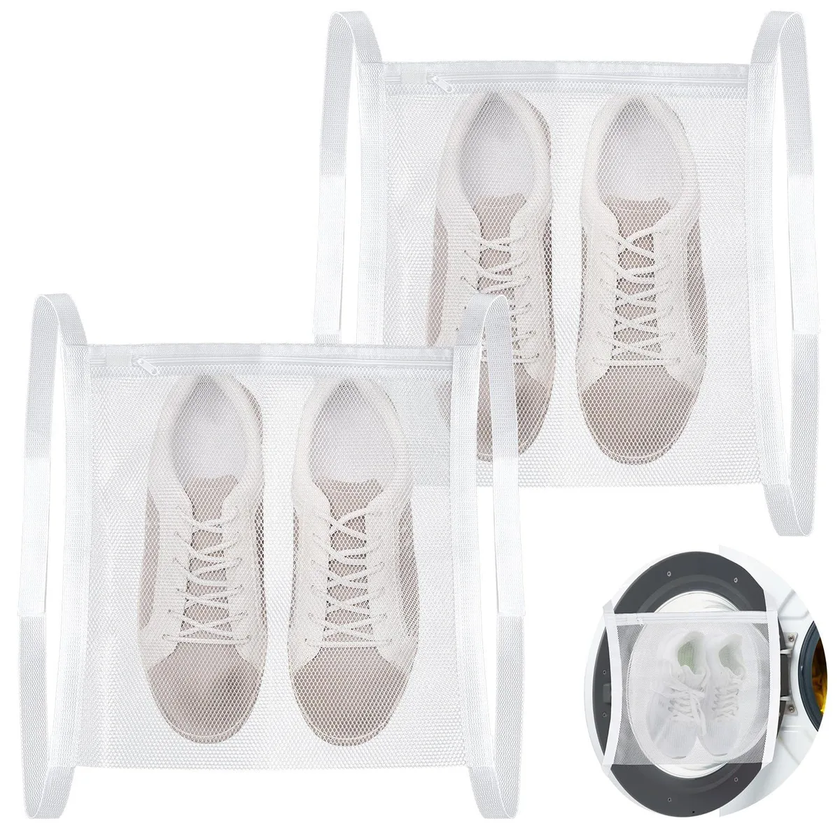 Two white mesh shoe dryer bags with zippers and door straps, 41 by 40 cm
