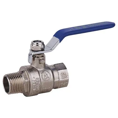 Small inline ball valve, nickel-plated brass body with chrome-plated brass ball, 3/8 inch FNPT x MNPT connections, lever handle