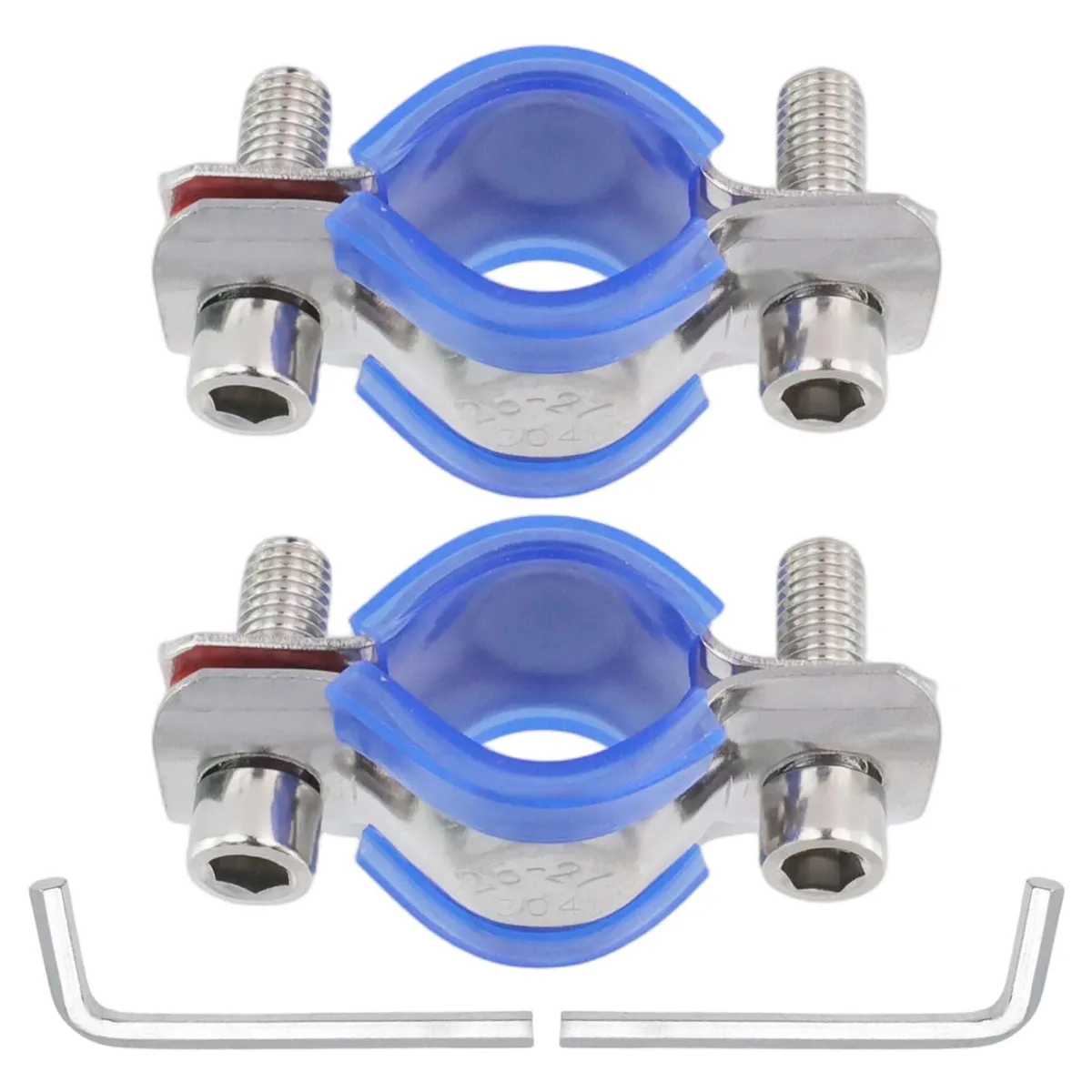 Two silver stainless clamps with blue silicone pads and two hex wrenches on a light background