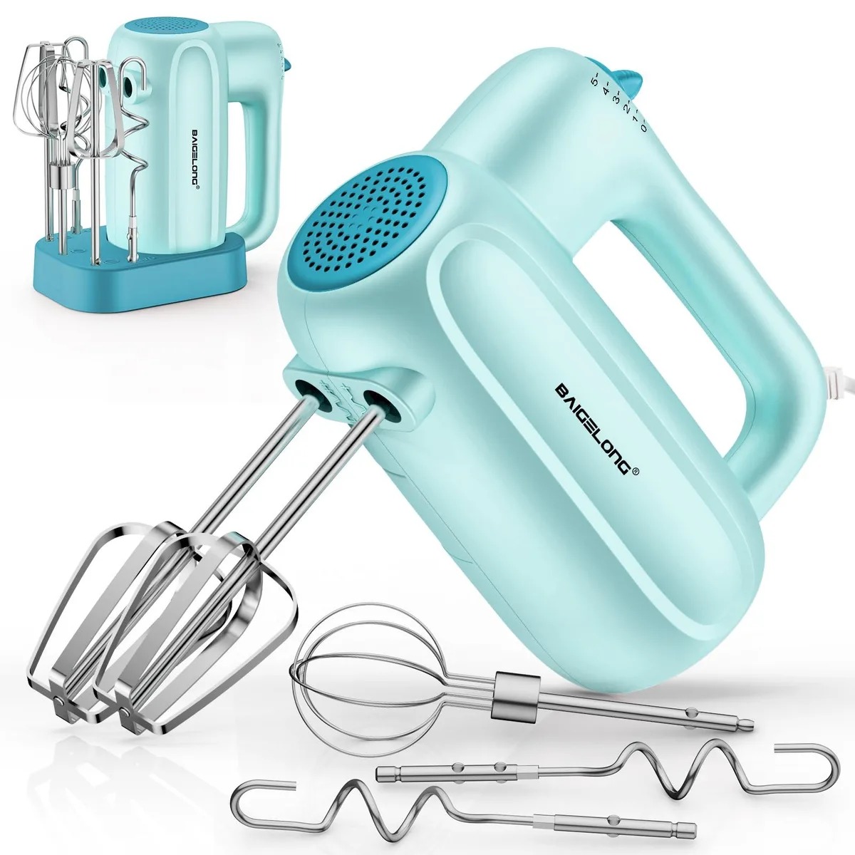 BAIGELONG JA-122B Hand Mixer 5-Speed Blue 304 Stainless Steel Attachments Storage Base — product photo