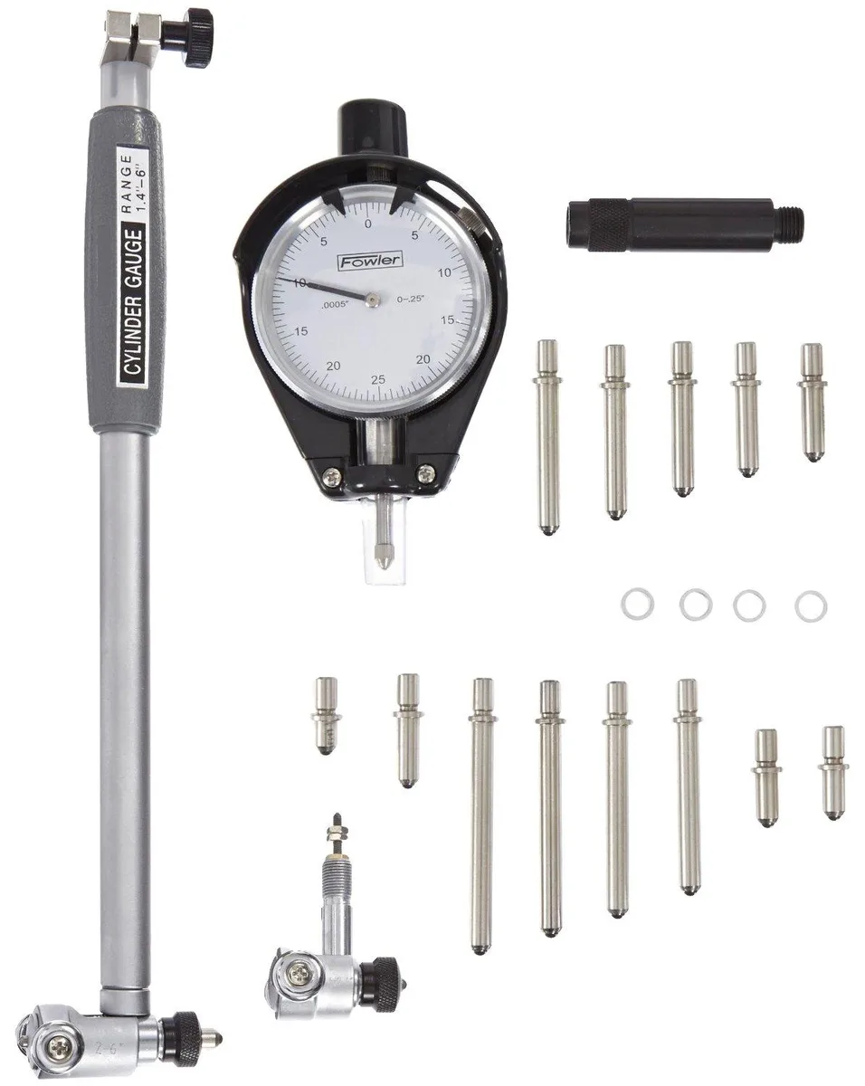 Chrome dial bore gauge kit with two measuring heads, extension holder and fitted case