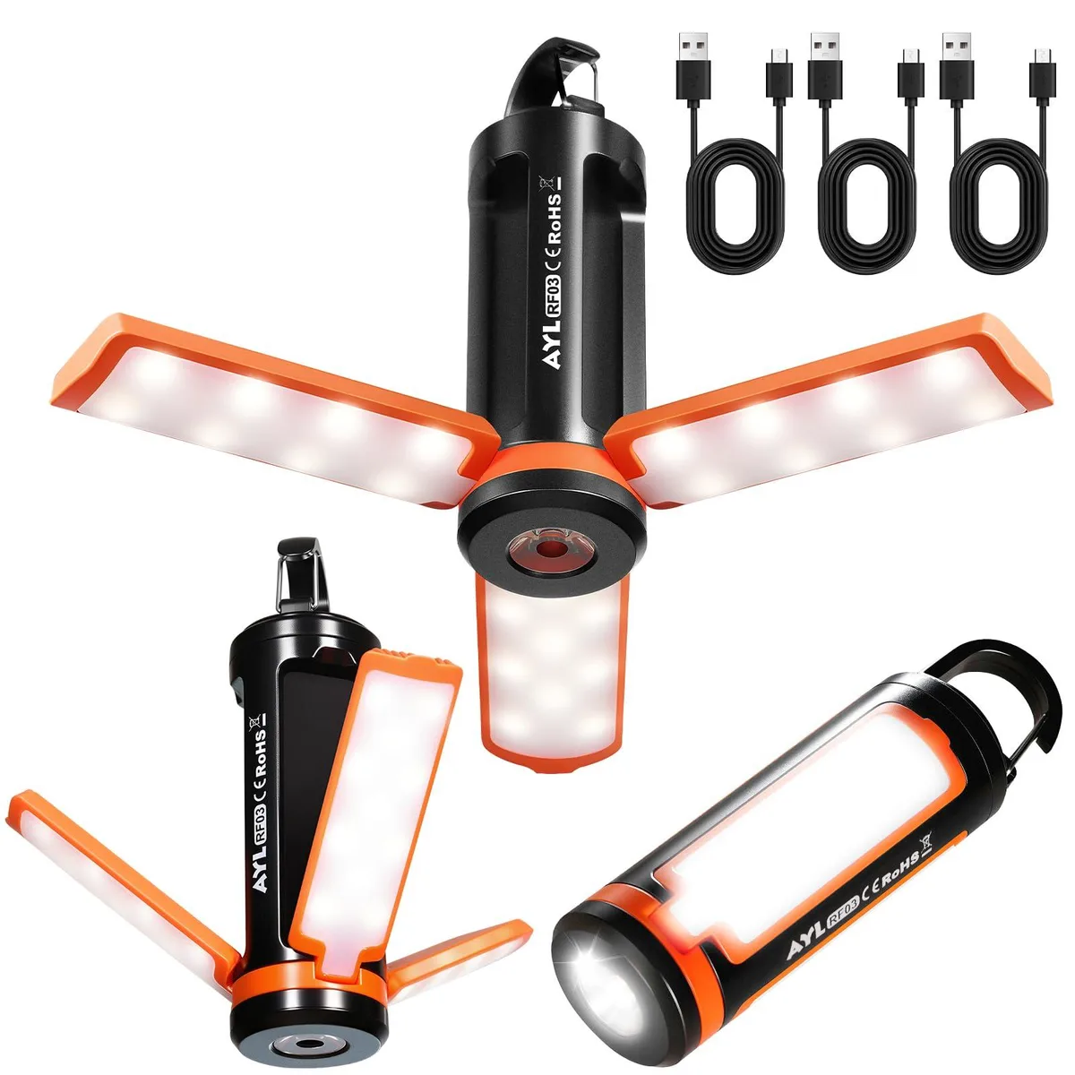 Three compact black lantern flashlights with foldable panels shown together