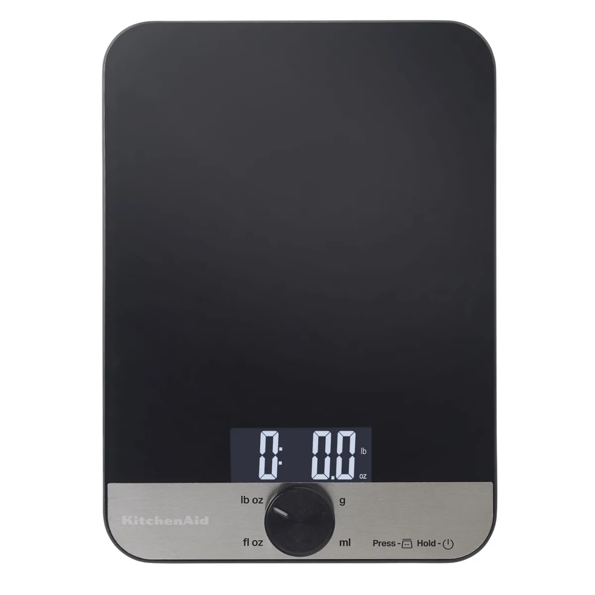 Black KitchenAid KQ908 digital scale with glass surface and rotating knob