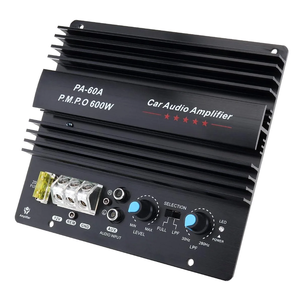 Rectangular metal car amplifier board with cooling holes, black finish, compact 155 by 170 mm size