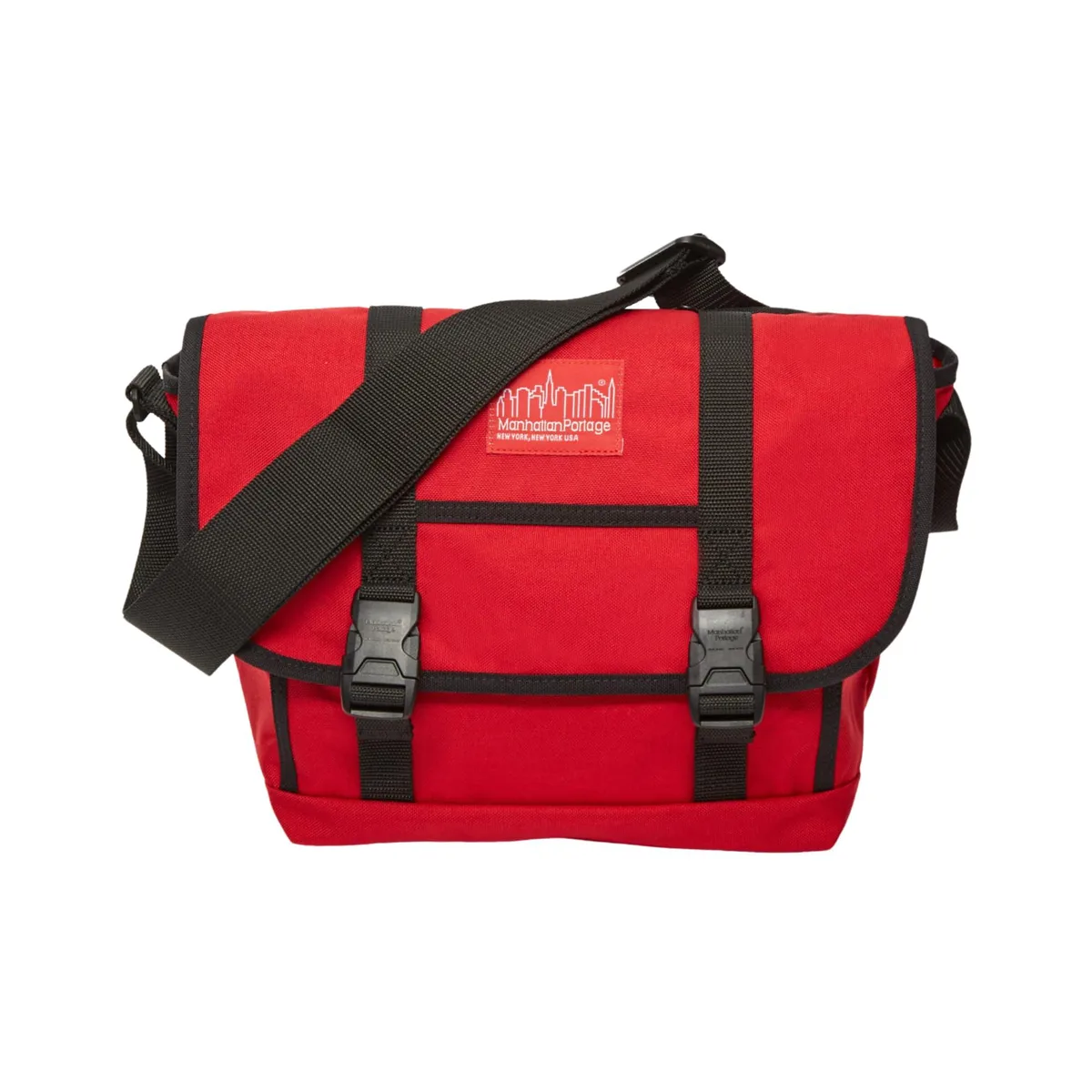 Red medium messenger bag with double buckle flap, adjustable strap, zippered pockets, water-resistant coating